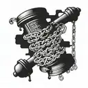 gavel, broken chains wrapped around the word tetelestai tattoo design idea