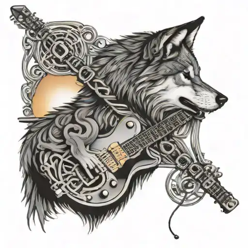 An intricate design featuring a gas pump nozzle intertwined with guitar strings, with a wolf howling at the sunset in the background tattoo design idea