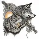 An intricate design featuring a gas pump nozzle intertwined with guitar strings, with a wolf howling at the sunset in the background tattoo design idea