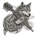 An intricate design featuring a gas pump nozzle intertwined with guitar strings, with a wolf howling at the sunset in the background tattoo design idea