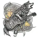 An intricate design featuring a gas pump nozzle intertwined with guitar strings, with a wolf howling at the sunset in the background tattoo design idea