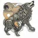 An intricate design featuring a gas pump nozzle intertwined with guitar strings, with a wolf howling at the sunset in the background tattoo design idea