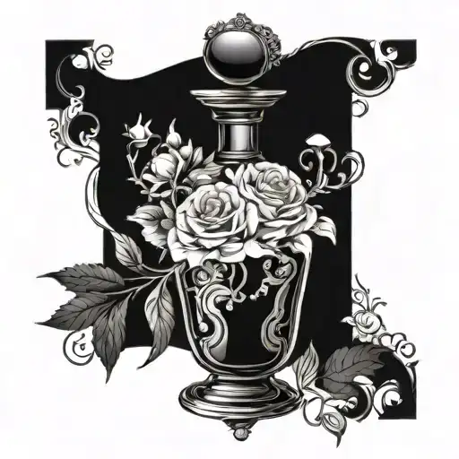 Incorporate a vintage perfume bottle design with intricate details and floral elements tattoo design idea