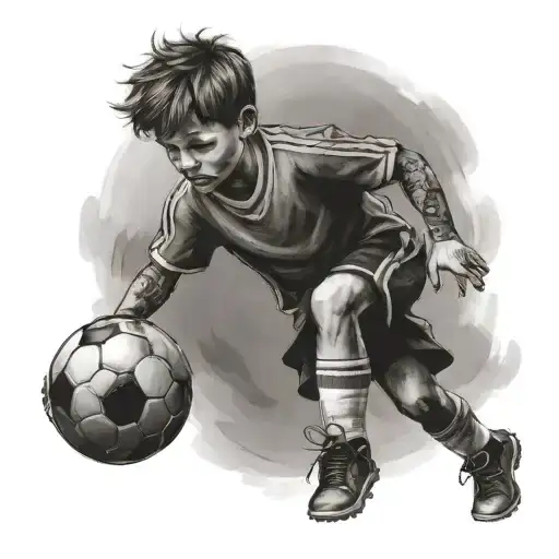 A realistic portrait of a child playing soccer player tattoo design idea