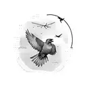 A hiker with a backpack and a crow flying above in a dotwork style tattoo design idea