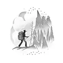 A hiker with a backpack and a crow flying above in a dotwork style tattoo design idea
