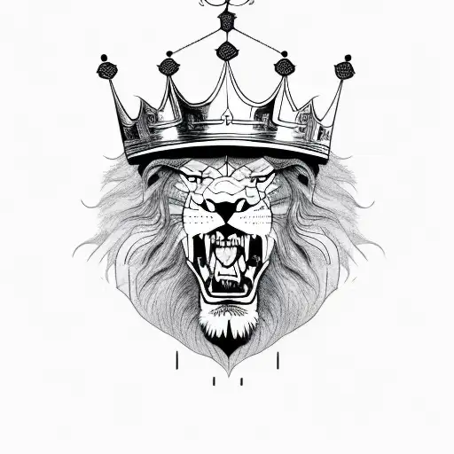 Angry lion with kings crown growling tattoo design idea