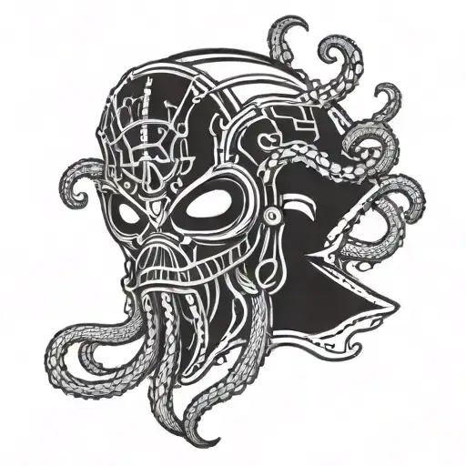 Scary squid with tentacles coming through goalie mask cage  tattoo design idea