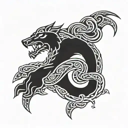 Norse style chain around neck\collar bone, 2 Fenrir heads as clasps meeting in the front middle and holding Mjölnir   tattoo design idea