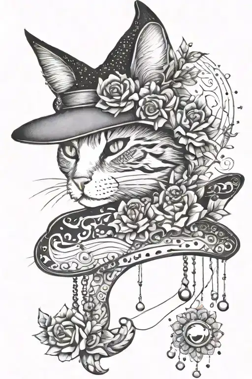 cat moon witch hat jewelry flower tattoo design idea
