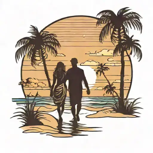 a beach scene at sunset couple silhouetted holding hands walking along the beach palm trees in foreground tattoo design idea