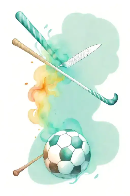 soccer ball, cricket ball and ice hockey stick with flames tattoo design idea