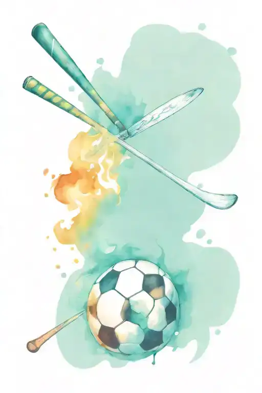 soccer ball, cricket ball and ice hockey stick with flames tattoo design idea