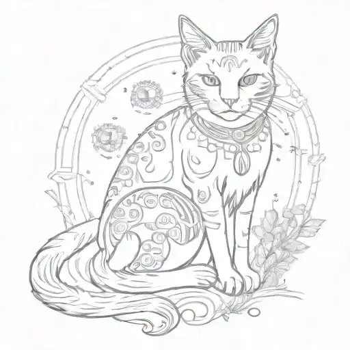 A witch's familiar cat sitting in a magical forest, surrounded by floating mandalas and mystical symbols, symbolizing the connection between nature and spirituality tattoo design idea
