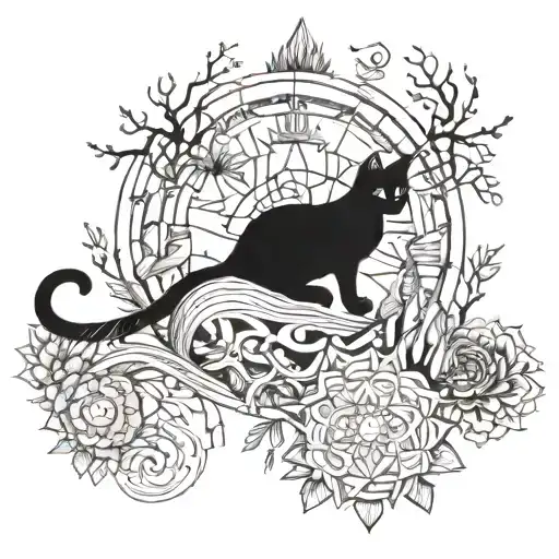 A witch's familiar cat sitting in a magical forest, surrounded by floating mandalas and mystical symbols, symbolizing the connection between nature and spirituality tattoo design idea