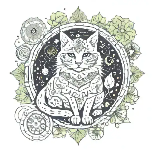 A witch's familiar cat sitting in a magical forest, surrounded by floating mandalas and mystical symbols, symbolizing the connection between nature and spirituality tattoo design idea