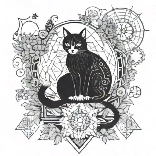 A witch's familiar cat sitting in a magical forest, surrounded by floating mandalas and mystical symbols, symbolizing the connection between nature and spirituality tattoo design idea