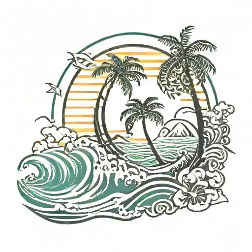 beach, surfboard, palm tree, waves, sun, birds,  tattoo design idea