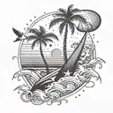 beach, surfboard, palm tree, waves, sun, birds,  tattoo design idea