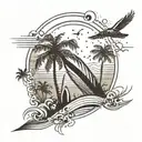 beach, surfboard, palm tree, waves, sun, birds,  tattoo design idea