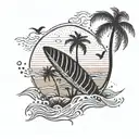 beach, surfboard, palm tree, waves, sun, birds,  tattoo design idea