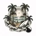 beach, surfboard, palm tree, waves, sun, birds,  tattoo design idea