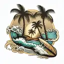 beach, surfboard, palm tree, waves, sun, birds,  tattoo design idea