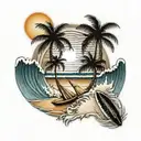 beach, surfboard, palm tree, waves, sun, birds,  tattoo design idea