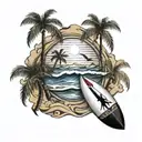 beach, surfboard, palm tree, waves, sun, birds,  tattoo design idea