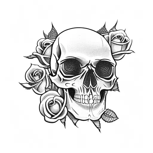 A dark and mysterious skull surrounded by roses tattoo design idea