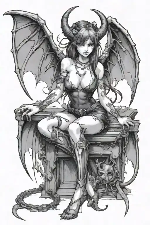 sexy anime Succubus On her knees chained down Hands behind your back wearing little clothing  full body With  bat wings  tattoo design idea