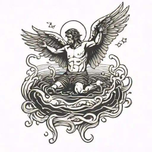 A man drowning angel reaching tattoo design idea