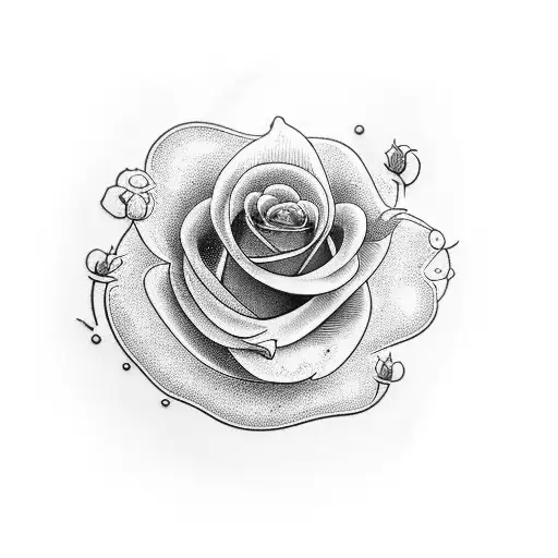 A majestic blackwork tattoo of a bird perched on a blooming rose, with a sand timer incorporated in the background. tattoo design idea