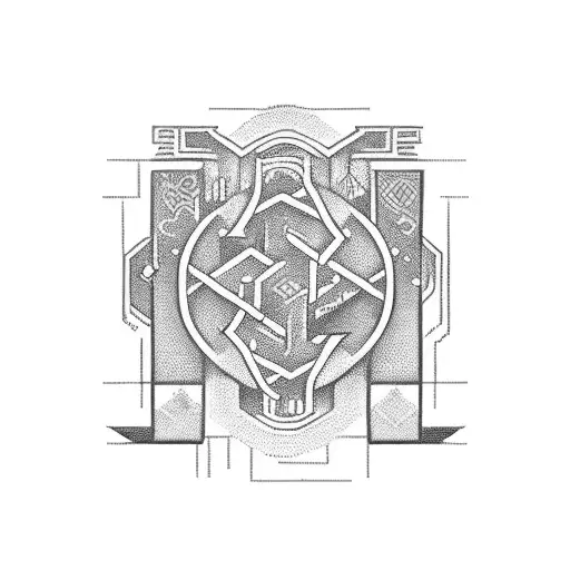 Design a tattoo of a pixelated coding language intertwined with historical symbols tattoo design idea