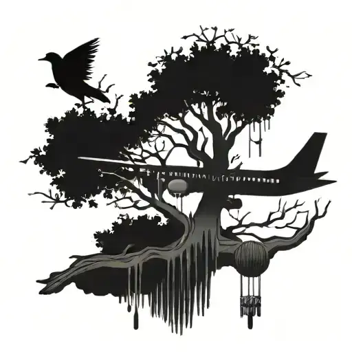 family tree with a rose carved into bark and a airplane carved into bark and windchime hanging on one branch tattoo design idea