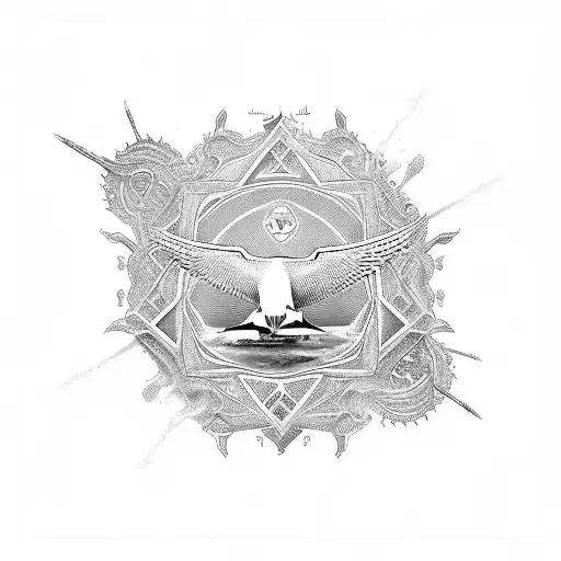 A new-school design of a powerful seagull, symbolizing your business strength, with Dubai and Damascus landmarks tattoo design idea