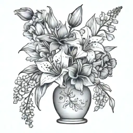 Small flower vase with cosmos, blue bells, lily of the valley and gladiolus flowers in the vase.  tattoo design idea