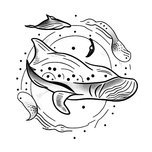 A black-grey tattoo of a majestic whale surrounded by other marine animals in a circular composition tattoo design idea