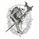 Skelton with an arrow going through its right knee cap tattoo design idea