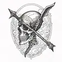 Skelton with an arrow going through its right knee cap tattoo design idea