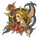 draws a tattoo with foreground character sagittarius, which is intertwined with the sign of scorpio and pisces all styli tattoo design idea