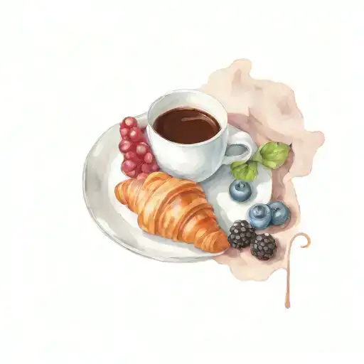 Plate of croissant with berries and coffee on the side tattoo design idea