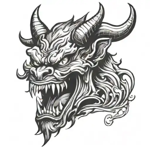 Traditional devil head front facing. Angry expression. Sharp teeth. Long tongue sticking out of his mouth. Symmetrical.  tattoo design idea