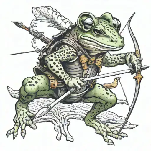 frog archer shooting an arrow into the head of a mouse warrior holding a dagger. tattoo design idea