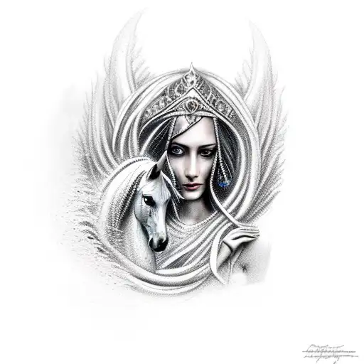 godess with horse in storm tattoo design idea