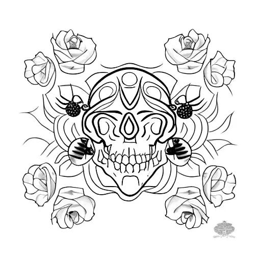 A minimalist tattoo of a skull with intricate rose petals forming its shape and a tiny ladybug perched on one of the petals. tattoo design idea