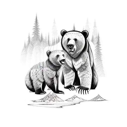 Mountain Scene with bear and a cub tattoo design idea