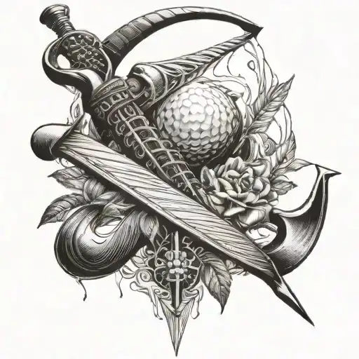 An intricate blackwork tattoo of a bow and arrow morphing into a golf club, showcasing the client's interests in bow hunting and golfing tattoo design idea