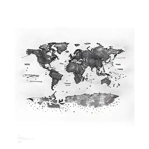 A detailed world map with musical instruments scattered across different continents tattoo design idea