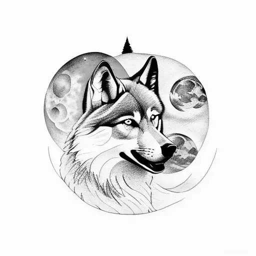 A serene Italian countryside scene with a wolf howling at the moon tattoo design idea